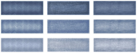 Mediterraneo Azul contemporary style glossy blue ceramic subway tile with varying designs, for walls. In a 3x12" size.