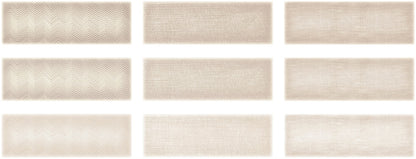 Mediterraneo Beige contemporary style glossy ceramic subway tile with varying designs, for walls. In a 3x12" size.