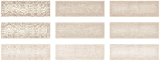 Mediterraneo Beige contemporary style glossy ceramic subway tile with varying designs, for walls. In a 3x12" size.