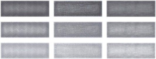 Mediterraneo Gris contemporary style glossy grey ceramic subway tile with varying designs, for walls. In a 3x12" size.