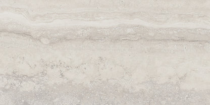 Memento Grey travertine style polished porcelain tile for floor and wall made in Italy. 12x24" and 24x48" size.