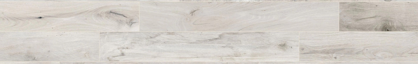 Memory Bianco matte porcelain tile with a white wood design, for floors and walls. Made in Italy, in a 6x40" size.