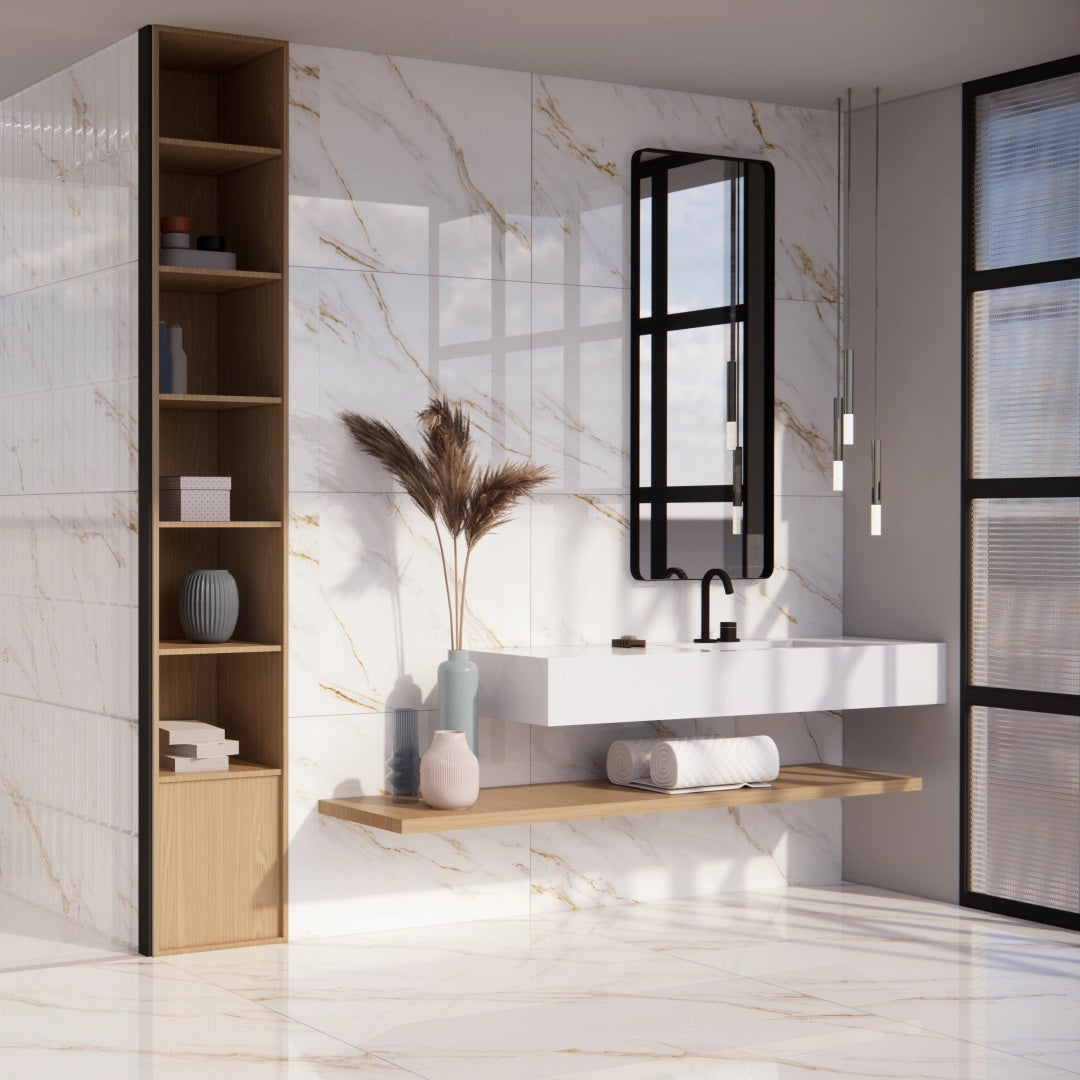 Mery Gold glossy porcelain tile with a marble design, for floors and walls. Made in Spain, installed in a bathroom.