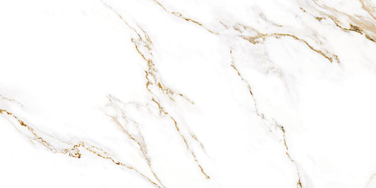 Mery Gold glossy porcelain tile with a marble design, for floors and walls. Made in Spain, in a 24x48" size.