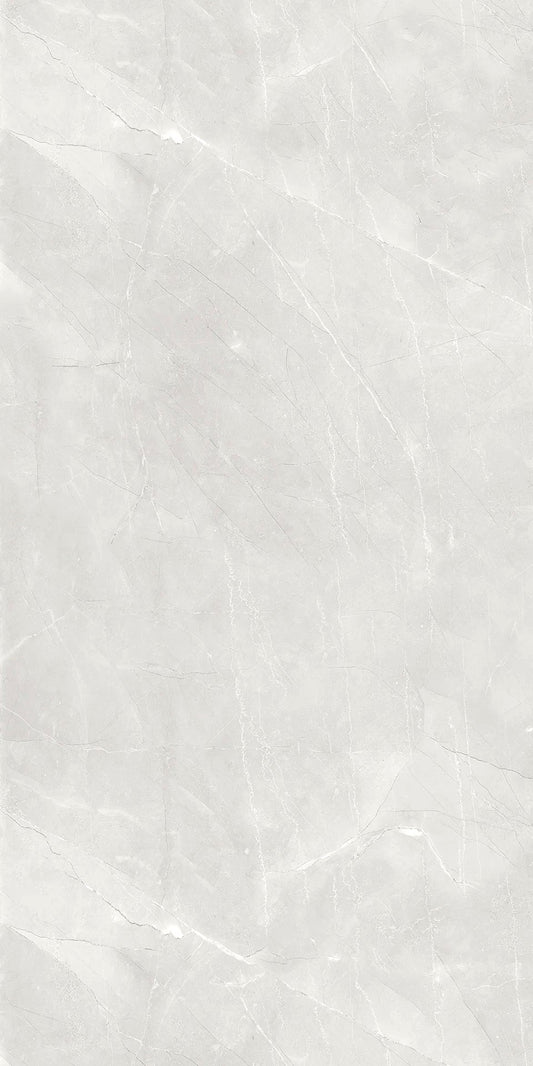 Minerva Bianco polished and matte porcelain tile in a light grey marble style, for floors and walls. In a 24x48" size.