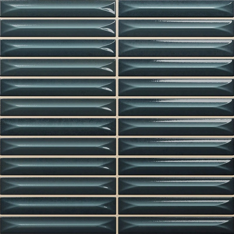 Nairobi Blue artisan style glossy ceramic subway tile with 0.6x4" arrow carvings. Made in Spain, in a 8x8" size.