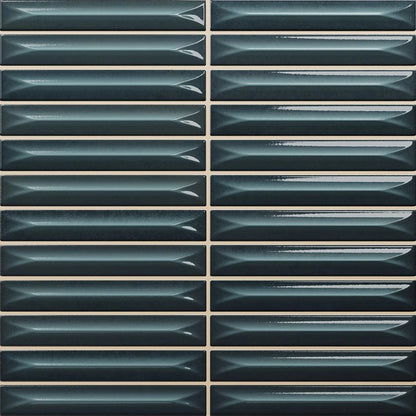 Nairobi Blue artisan style glossy ceramic subway tile with 0.6x4" arrow carvings. Made in Spain, in a 8x8" size.