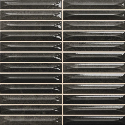 Nairobi Slate artisan style glossy ceramic subway tile with 0.6x4" arrow carvings. Made in Spain, in a 8x8" size.