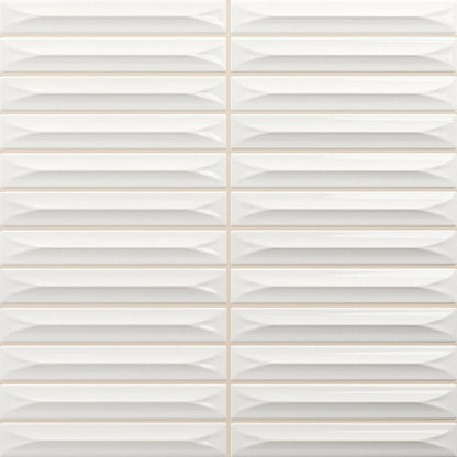 Nairobi White artisan style glossy ceramic subway tile with 0.6x4" arrow carvings. Made in Spain, in a 8x8" size.