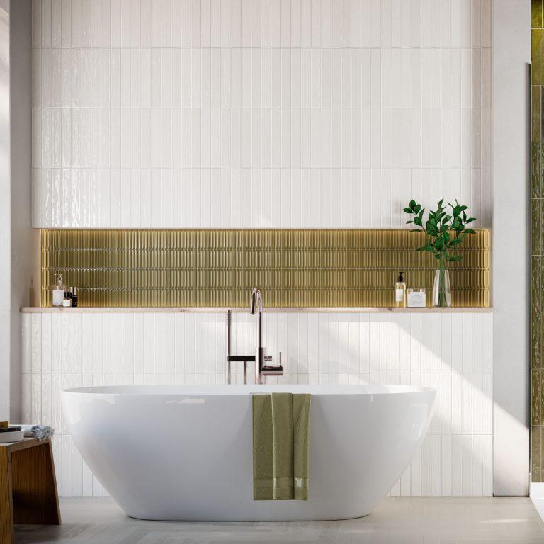 Nairobi White artisan style glossy ceramic subway tile with non-flat edge and surface. Installed on a shower wall.
