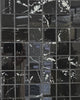 Nero Marquina polished porcelain tile with black marble design, for floors and walls. In an square mosaic shape.
