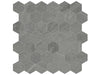 Nord Chromium matte porcelain tile with a dark grey stone style, for floors and walls. In a small hexagon mosaic.