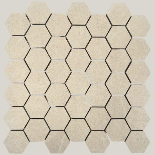 Nordic Beige matte porcelain tile with a light beige/cream stone look, for floors and walls. In a small hexagon size.