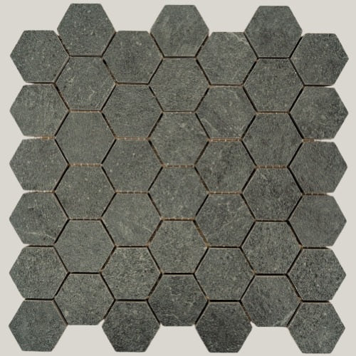 Nordic Charcoal matte porcelain tile with a dark grey/black stone look, for floors and walls. In a small hexagon size.