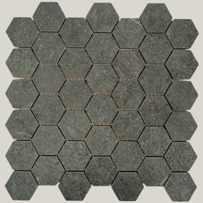 Nordic Charcoal matte porcelain tile with a dark grey/black stone look, for floors and walls. In a small hexagon size.