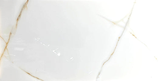 Ocean White Onyx polished porcelain tile with a white and gold marble design, for floors and walls. In a 24x48" size.