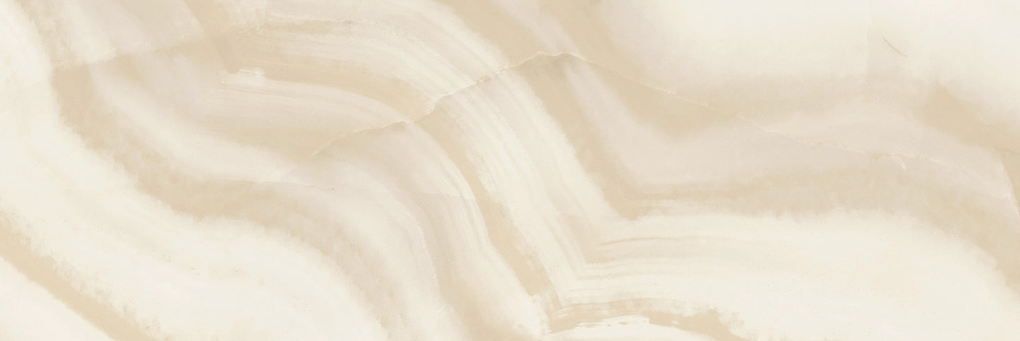 Onice Light Beige glossy ceramic tile with an onyx design, for walls. Made in Spain, in a 12x36" size.