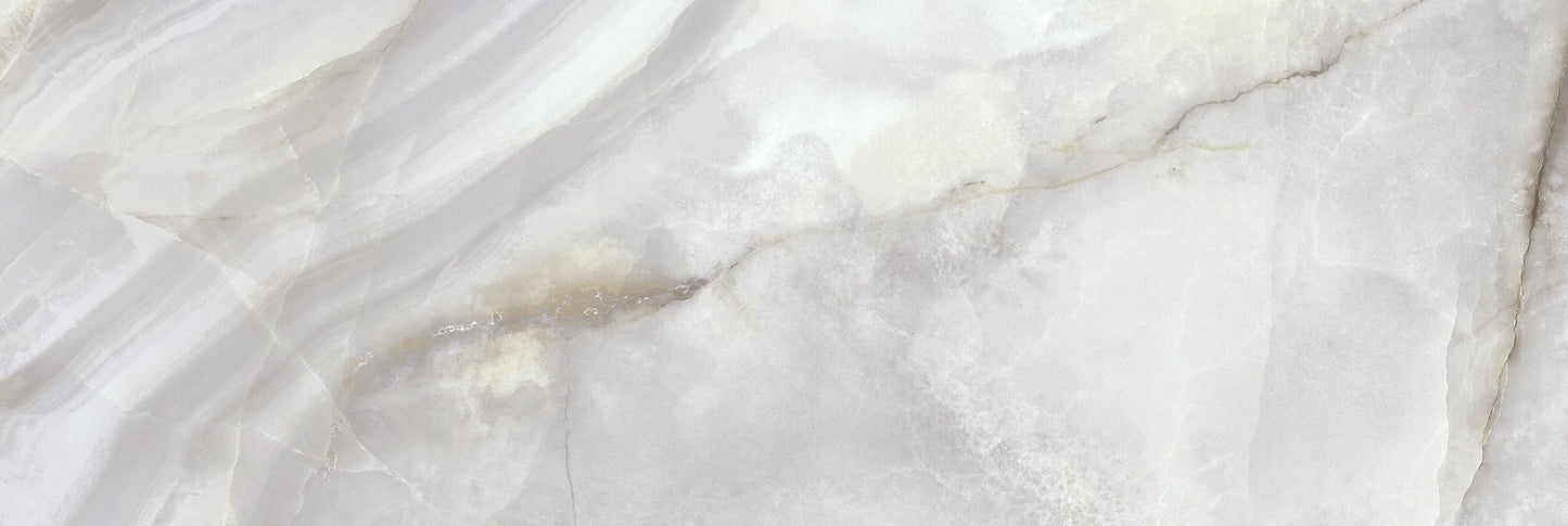 Onice Perla glossy ceramic tile with a grey onyx design, for walls. Made in Spain, in a 12x36" size.