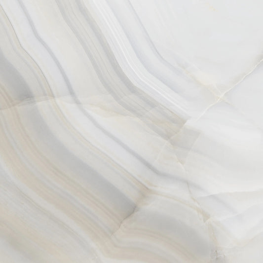 Onice Perla glossy porcelain tile with a grey onyx design, for floors and walls. Made in Spain, in a 24x24" size.
