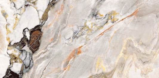 Paco Pearl polished porcelain tile with a grey and gold stone/mable design, for floors and walls. In a 24x48" size.