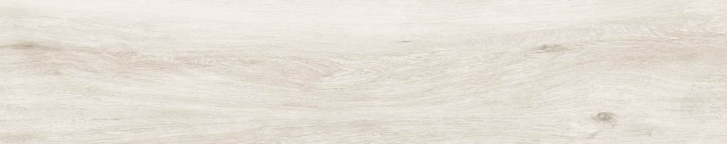 Pecan Blanco matte porcelain tile with a white wood design, for floors and walls. Made in Spain, in a 9x48" size.