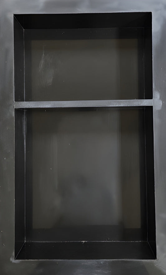 Pure Black prebuilt quartz shower niche made of engineered stone that offers shower storage, with a shelf.