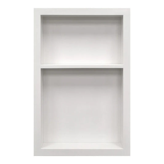 Pure White prebuilt quartz shower niche made of engineered stone that offers shower storage, with a shelf.