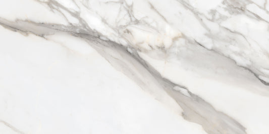 Radiant Calacatta polished porcelain tile with a white and grey marble design, for floors and walls. In a 24x48" size.