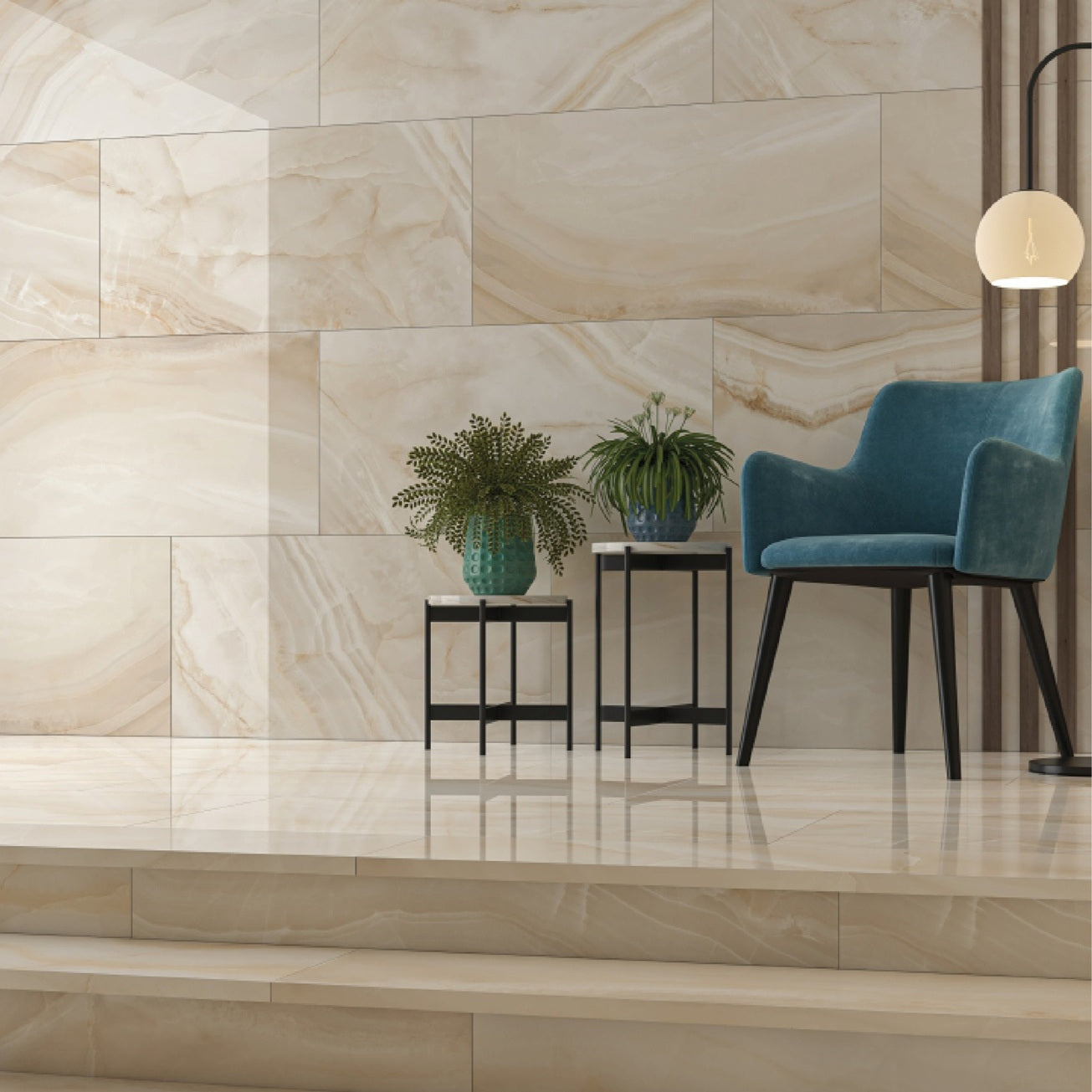 Rodas Light Beige polished porcelain tile with an onyx design, for floors and walls. Made in Spain, installed in a room.