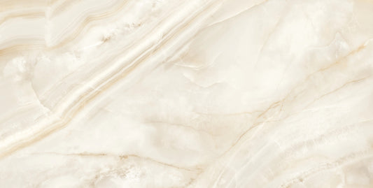 Rodas Light Beige polished porcelain tile with an onyx design, for floors and walls. Made in Spain, in a 24x48" size.
