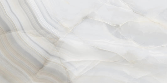 Rodas Perla polished porcelain tile with a grey onyx design, for floors and walls. Made in Spain, in a 24x48" size.