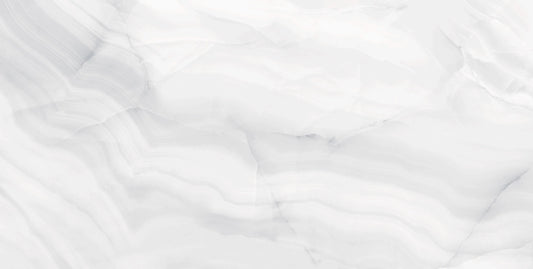 Rodas White polished porcelain tile with an onyx design, for floors and walls. Made in Spain, in a 24x48" size.