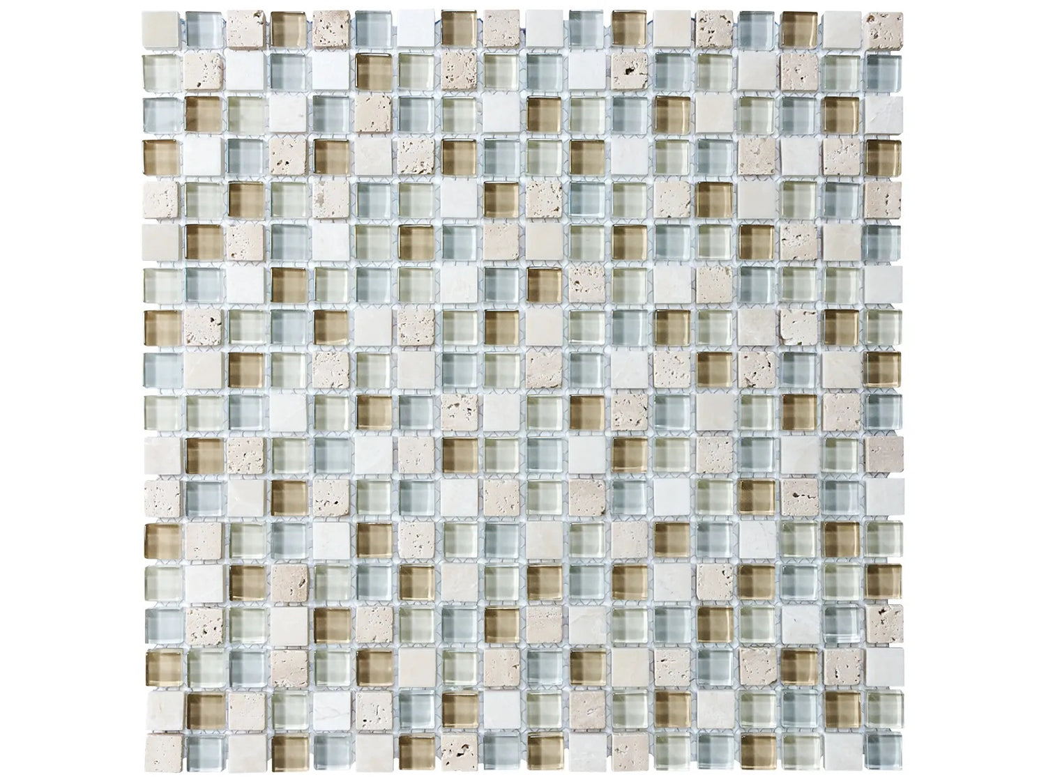 Spa glass and stone blend mosaic with beige and grey glass and white and beige marble. In a 5/8" square mosaic.