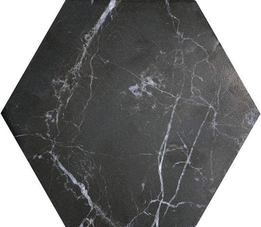 Marquina Black hexagon matte porcelain tile for floors and walls. Made in Spain, in a 8" hexagon size.
