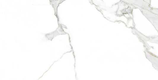 Statuario Gentile polished/matte porcelain tile with a white marble design, for floors and walls. In a 12x24" size.