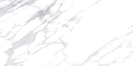 Statuario Spider polished/matte porcelain tile with a white marble design, for floors and walls. In a 12x24" size.