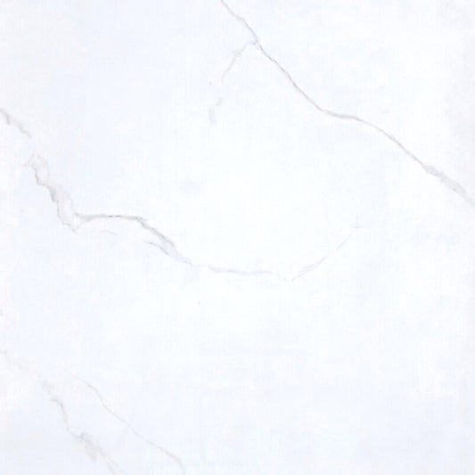 Sunflare polished porcelain tile in a white marble style with light grey veining for floors and walls. In a 48x48" size.