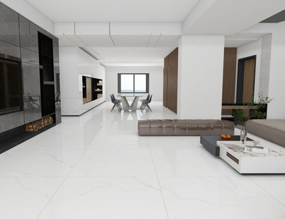 Sunflare polished porcelain tile in a white marble style with grey veining for floors and walls. Installed in a room.