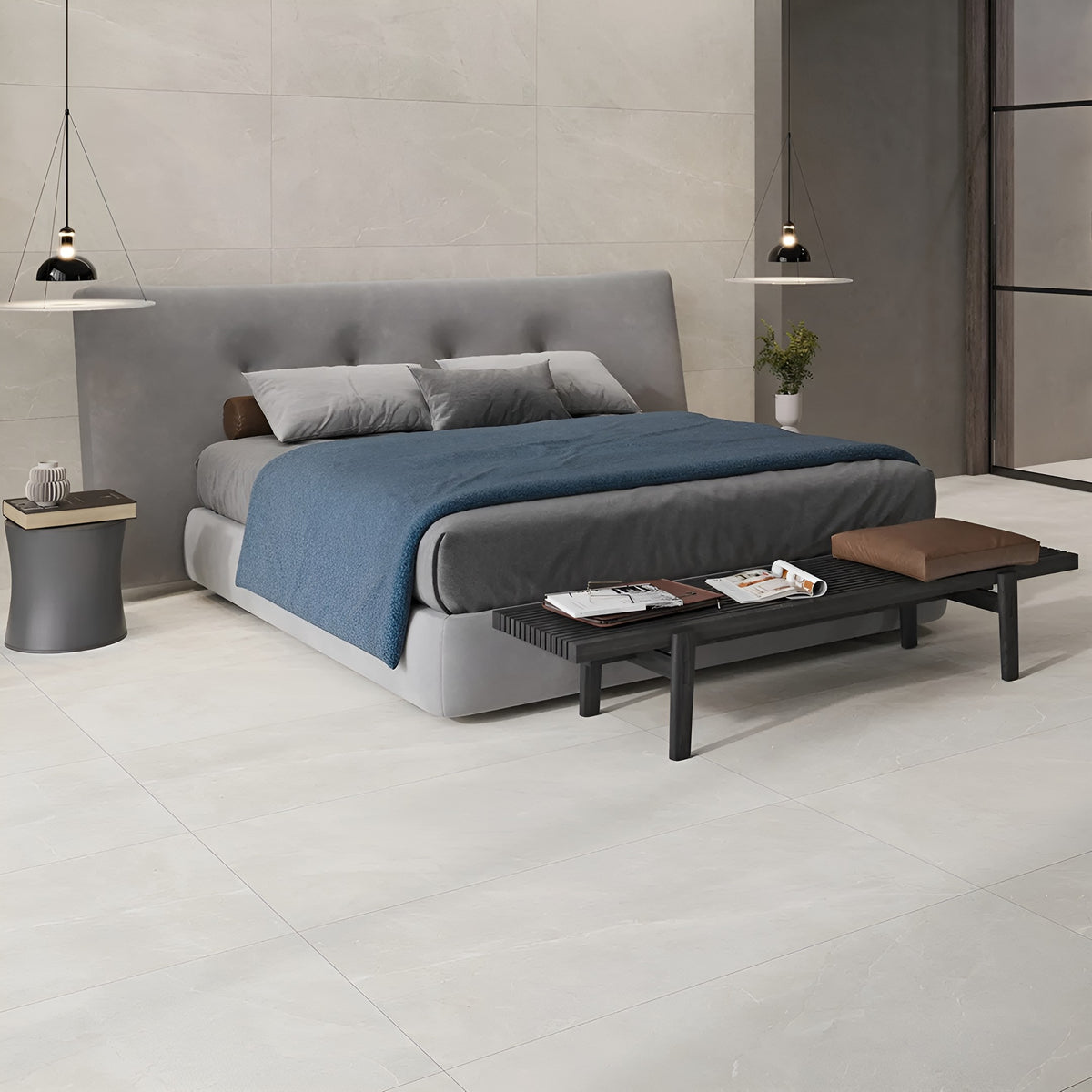 Sunset White porcelain tile with a cream marble design, for floors and walls. Made in Spain, installed in a room.