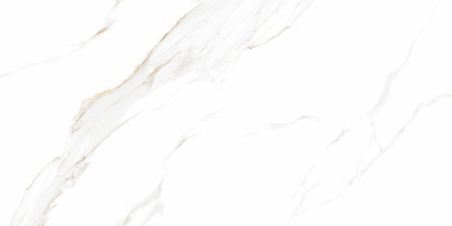 Swan White polished porcelain tile with a white and gold marble design, for floors and walls. In a 24x48" size.