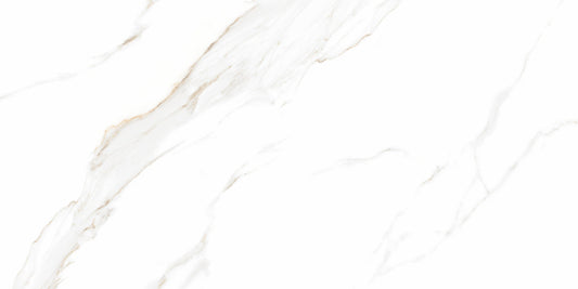 Swan White polished porcelain tile with a white and gold marble design, for floors and walls. In a 24x48" size.