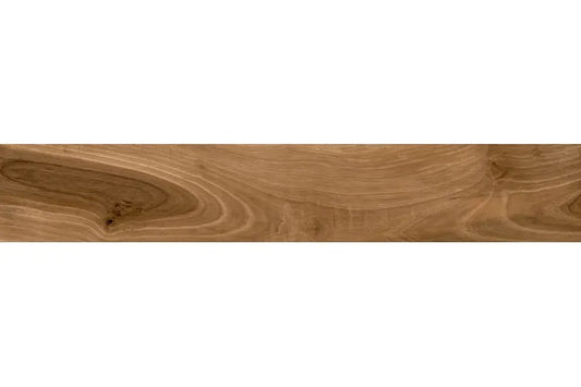 Tasmania Teak polished porcelain tile with a brown wood design, for floors and walls. Made in Spain, in a 6x36" size.