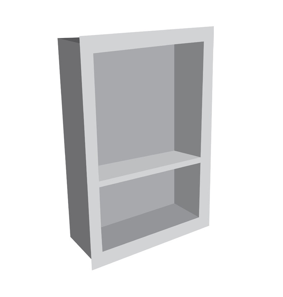 Thassos White prebuilt shower niche made of engineered stone that offers shower storage, with a shelf.