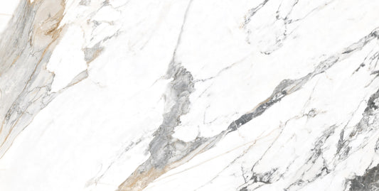 Tinenza matte porcelain tile with a white, gold, and silver marble design, for floors and walls. In a 24x48" size.