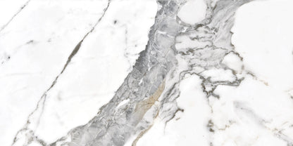 Tinenza polished porcelain tile with a white, gold, and silver marble design, for floors and walls. In a 24x48" size.
