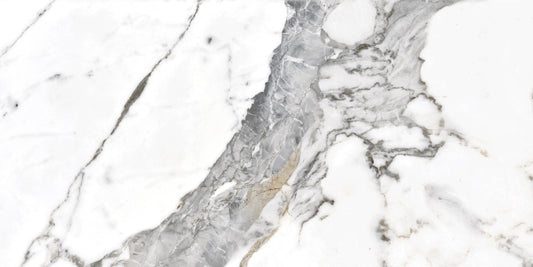 Tinenza polished porcelain tile with a white, gold, and silver marble design, for floors and walls. In a 24x48" size.