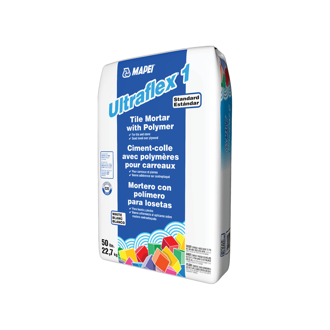Mapei Ultraflex 1 cement/mortar for tiles, in a white colour, in a 50 lb bag.