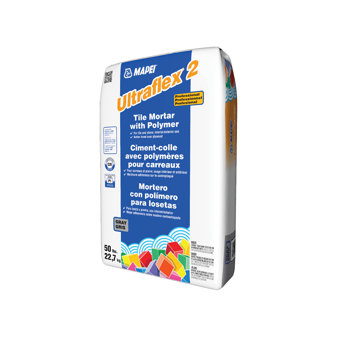 Mapei Ultraflex 2 cement/mortar for tiles, in a grey colour, in a 50 lb bag.