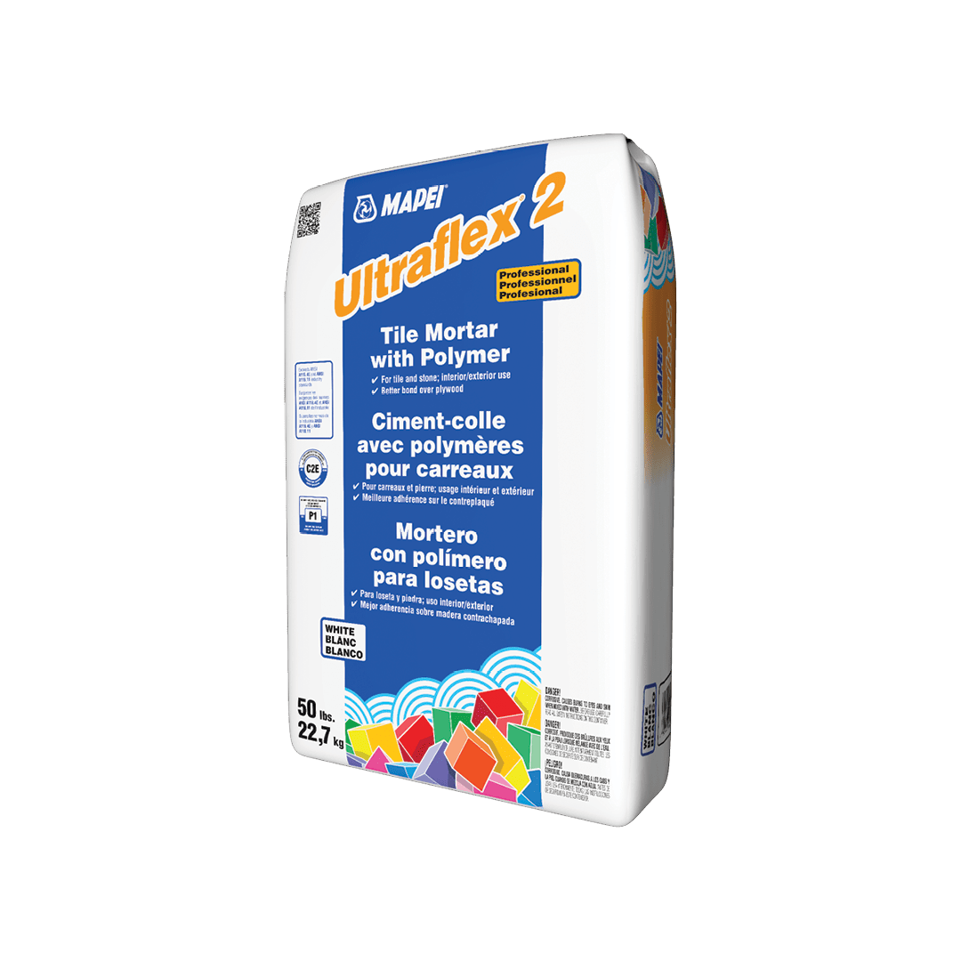 Mapei Ultraflex 2 cement/mortar for tiles, in a white colour, in a 50 lb bag.