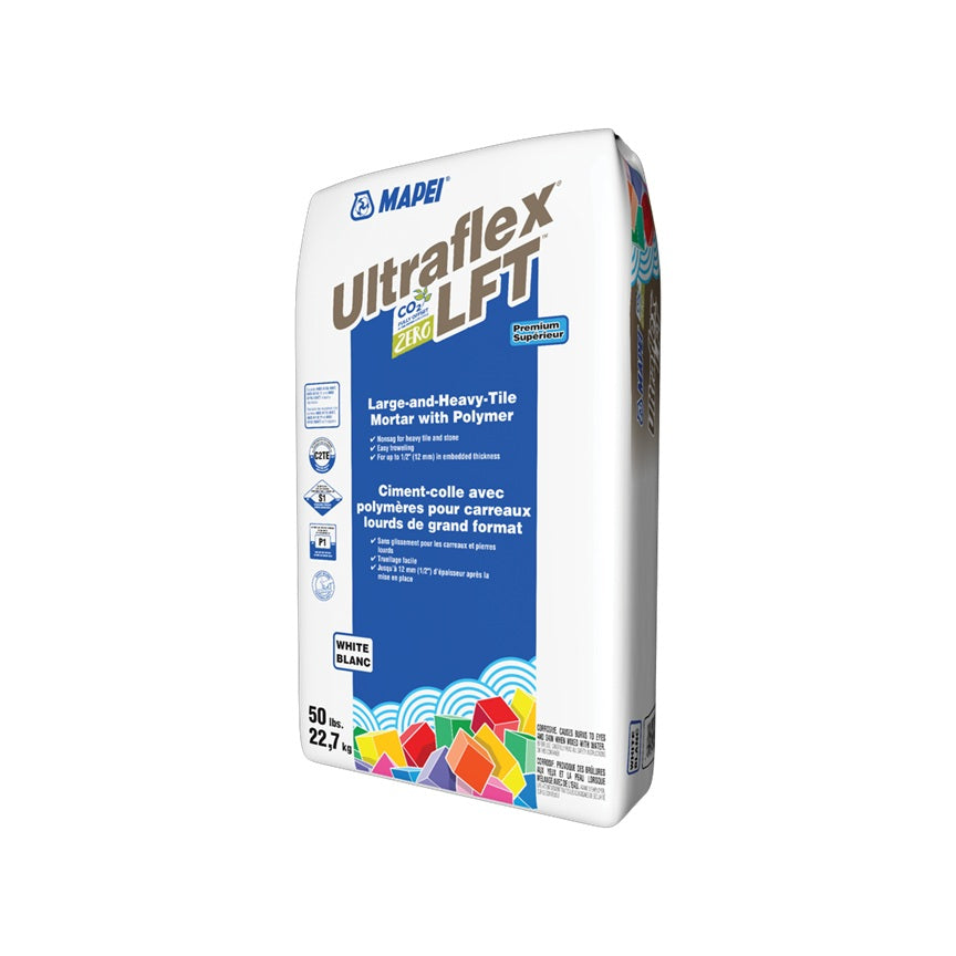 Mapei Ultraflex LFT cement/mortar for large format tiles, in a 50 lb bag, in a grey or white colour.